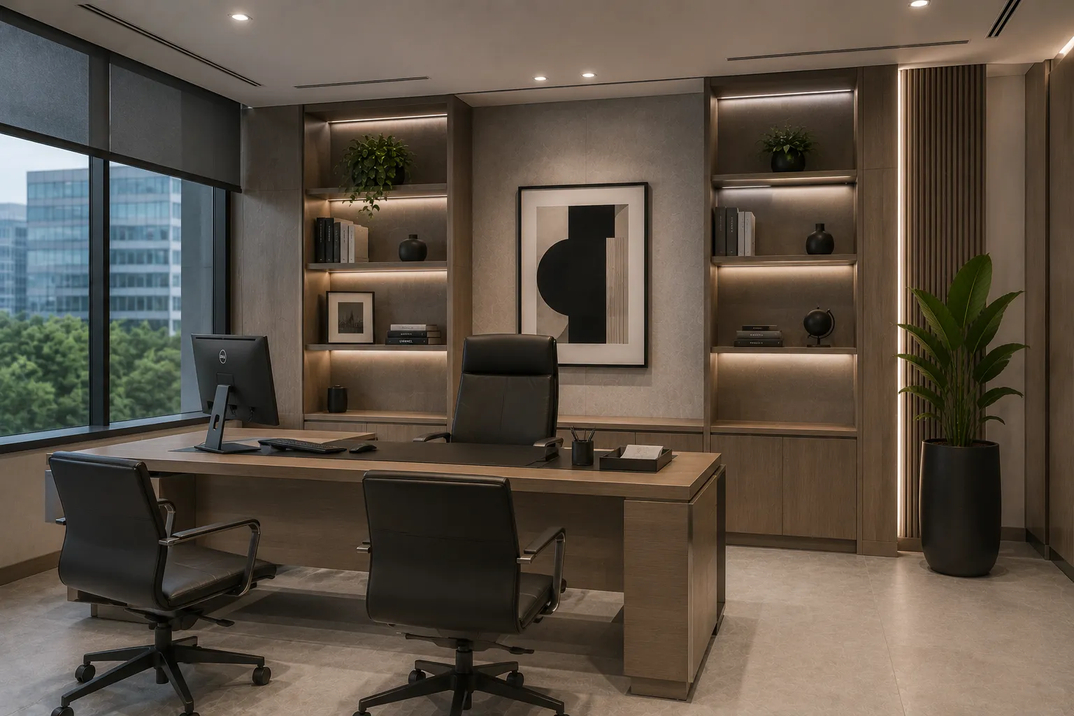 Sala privativa com mesa executiva e estante