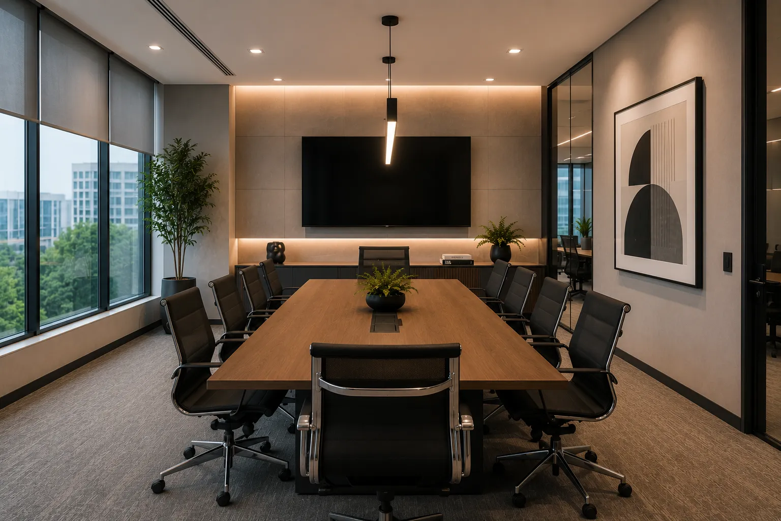 Sala de reunião com mesa grande e TV
